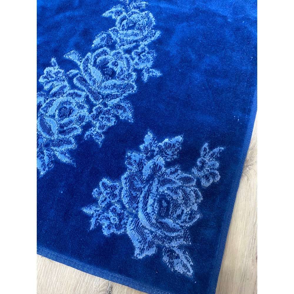 Vintage Cobalt Blue Rose Floral Hand Towel Reversible Damask Pattern Terry - Picture 2 of 5